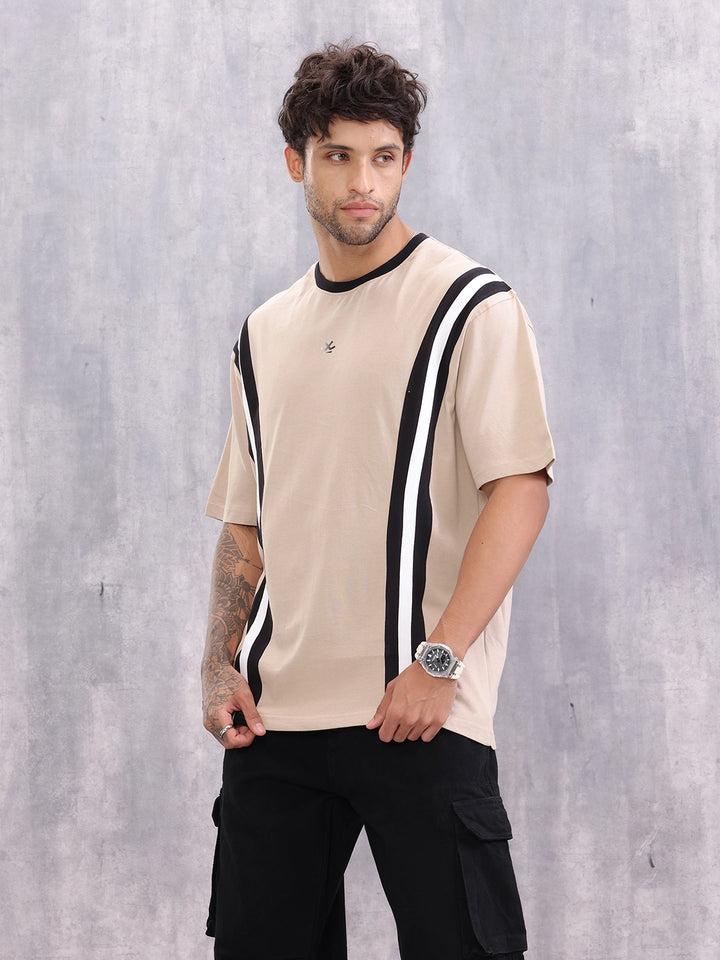 Contrast Cut&Sew Detail Sporty Look Oversized Fit T-shirt | Beige