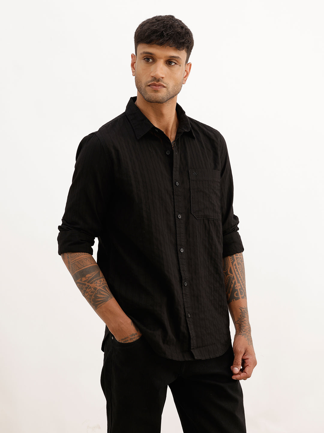 Textured Slim Fit Striped Shirt | Black