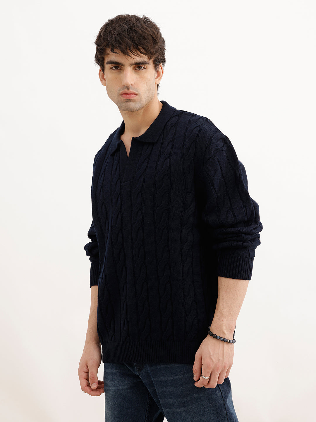 Solid Oversized Fit Cable Knitted Sweater | Blue | WSW02FSOS1084W