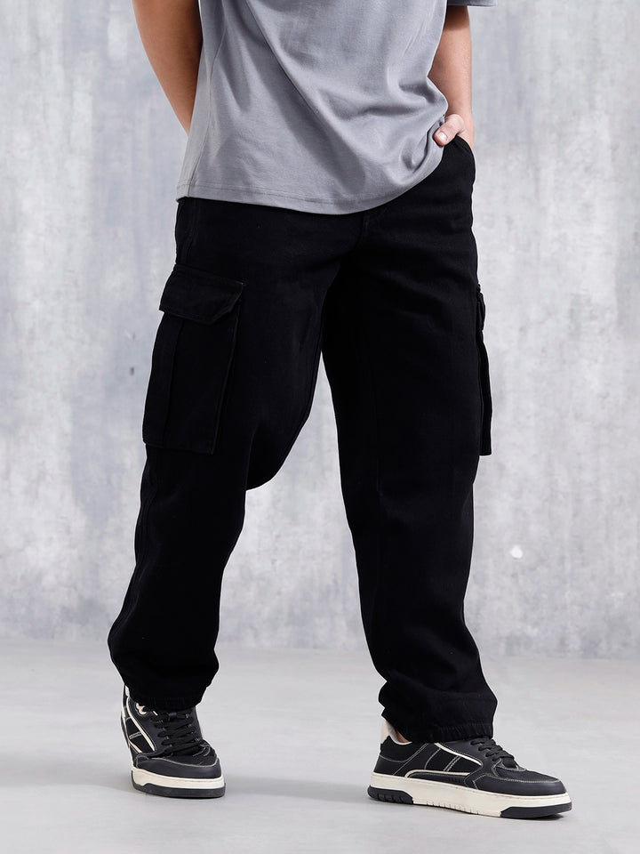 Loose Fit Workwear Trousers With Patch Pockets & Hammer Loop | Black