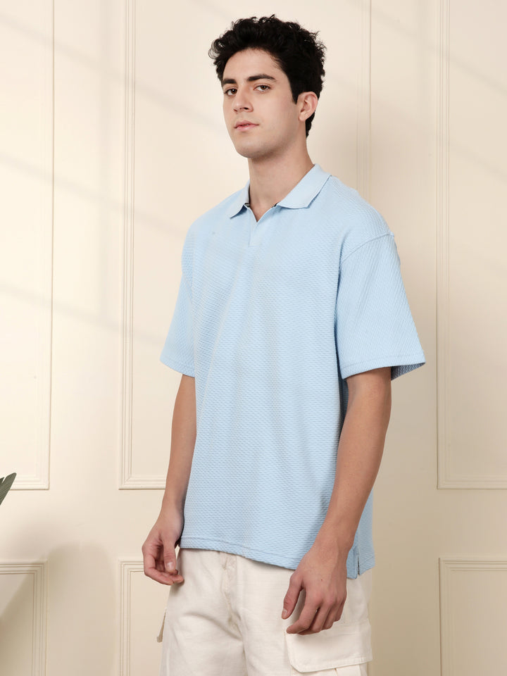 Textured Oversized Polo T-Shirt | Blue