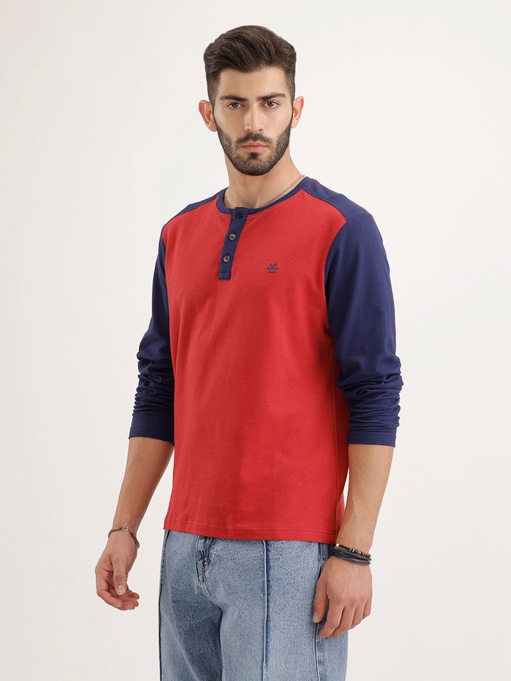 Comfort Fit Full Sleeve Henley T-Shirt | Red