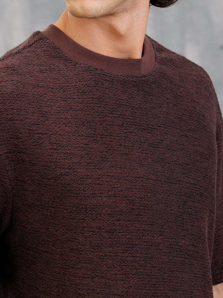Two Tone Textured Slub Knit Oversized Crew Neck T-Shirt With Chunky Rib | Brown