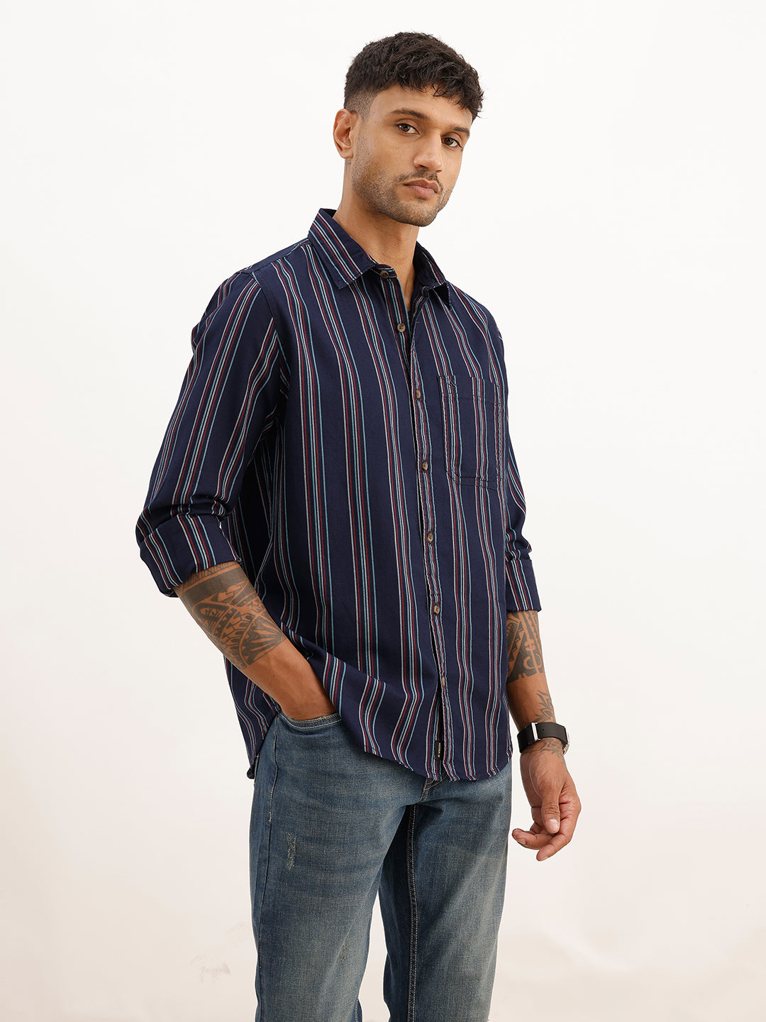 Classic Slim Fit Striped Shirt | Navy Blue | WSH01FSSL7015W
