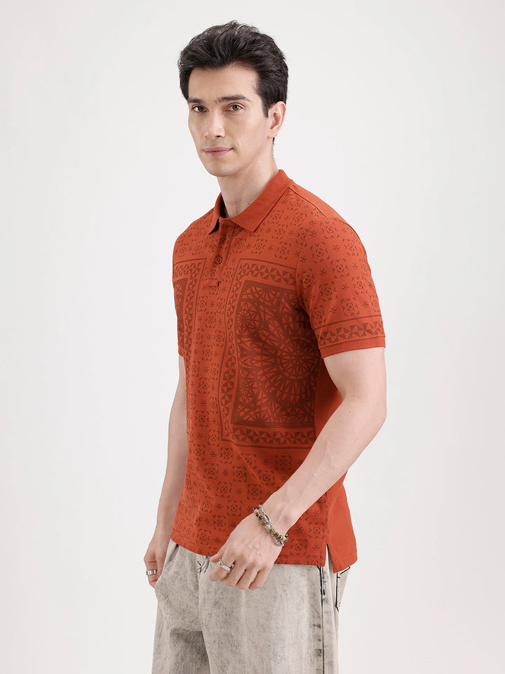 Slim Fit Pannel Printed Polo T-Shirt  | Rust