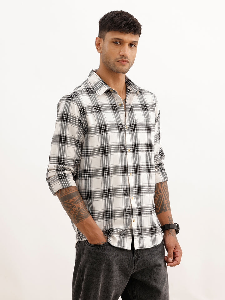 Regular Fit Checkered Full Sleeve Shirt | White