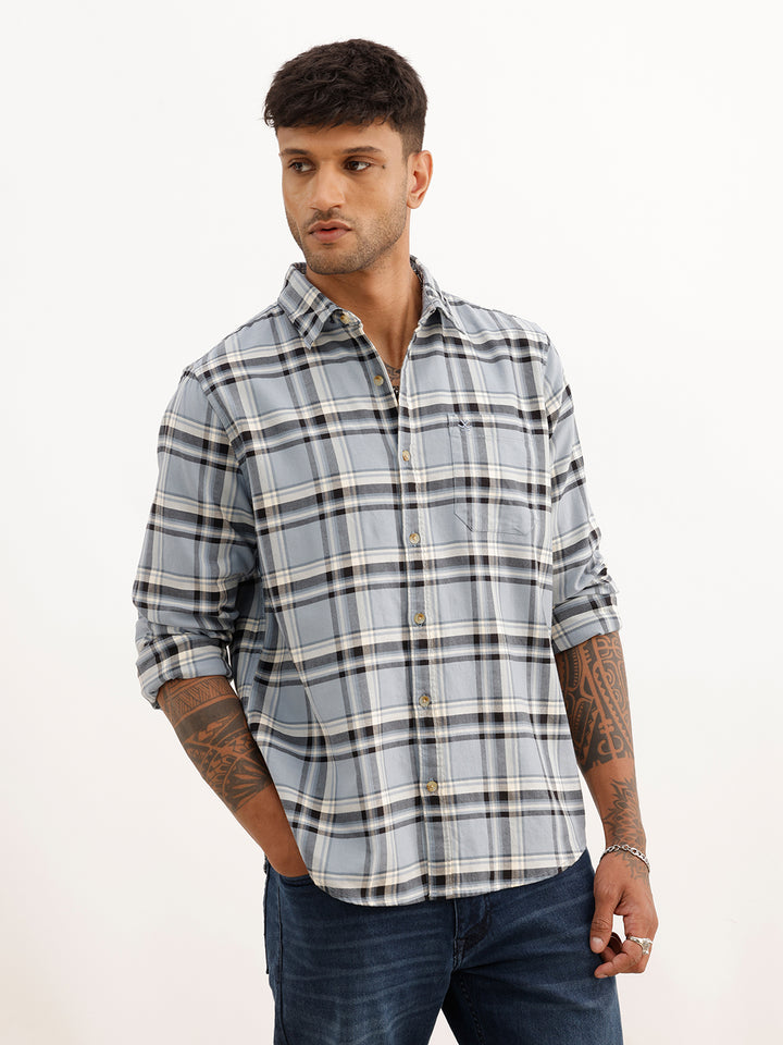 Regular Fit Full Sleeve Checkered Shirt | Light Blue