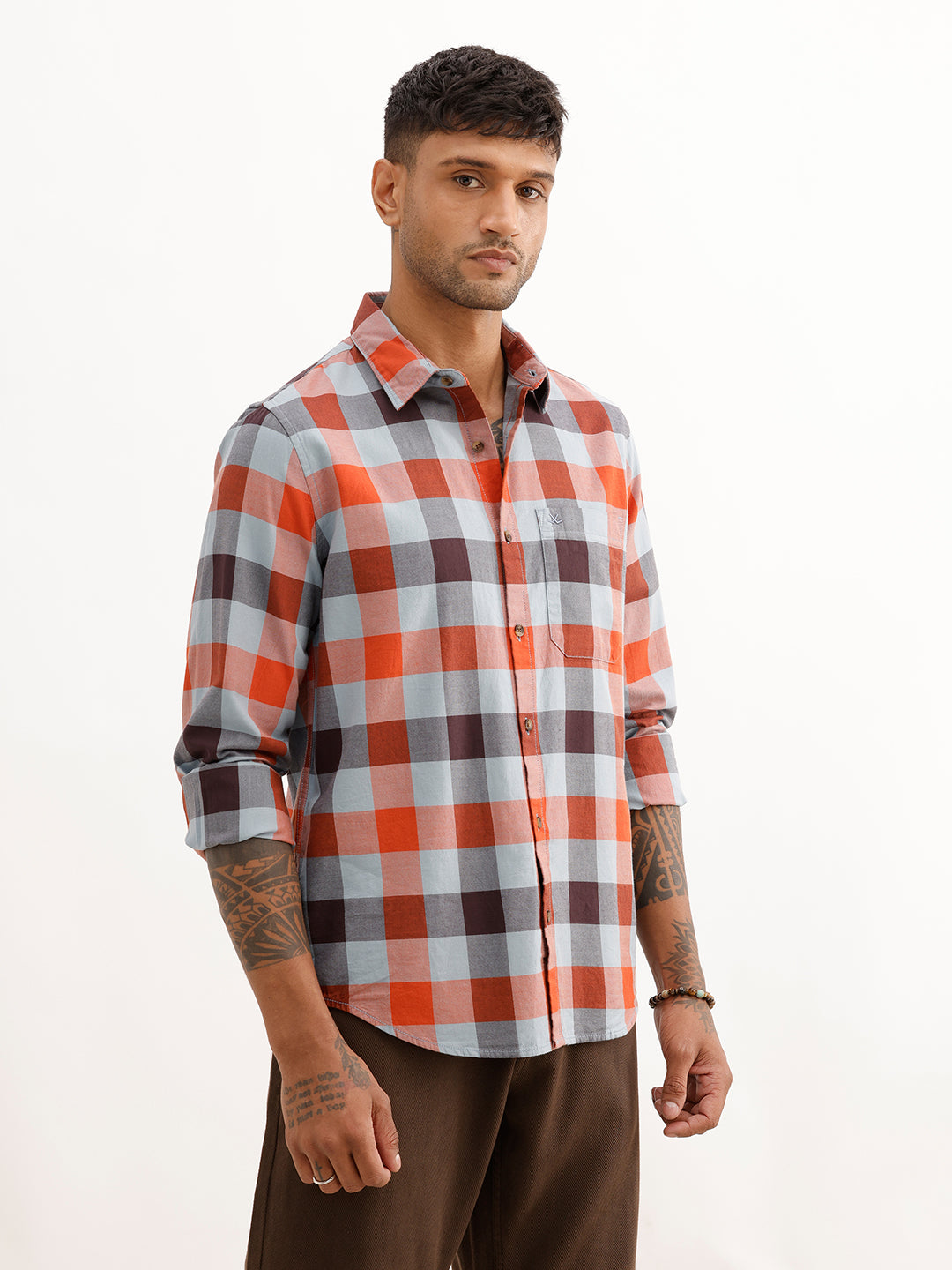 Regular Fit Full Sleeve Checkered Shirt | Grey