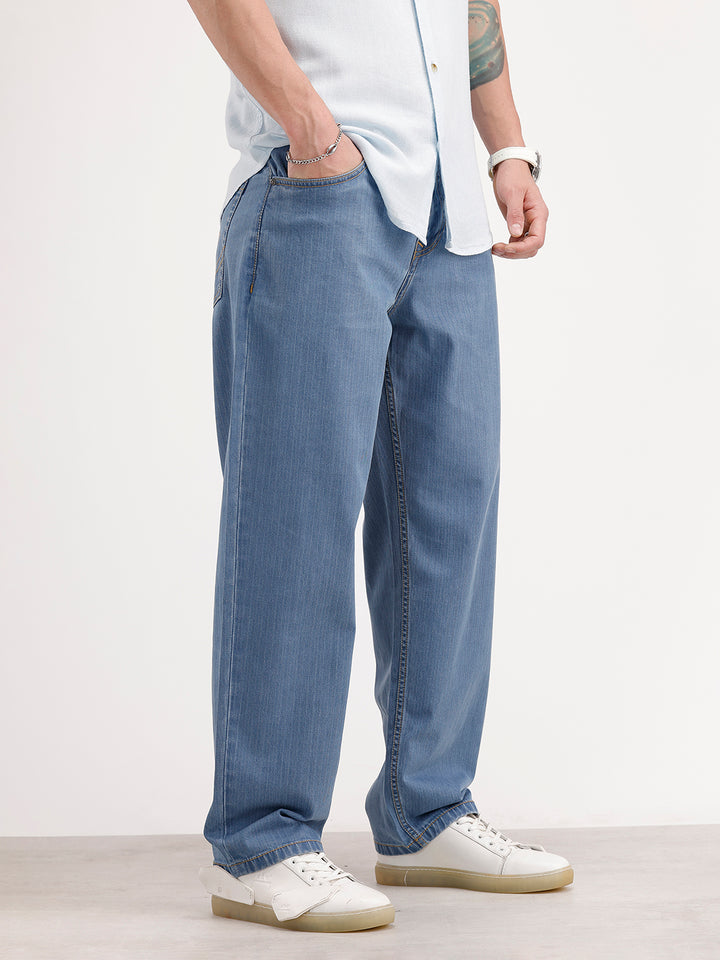 Loose Fit Textured Denim Jeans | Light Blue