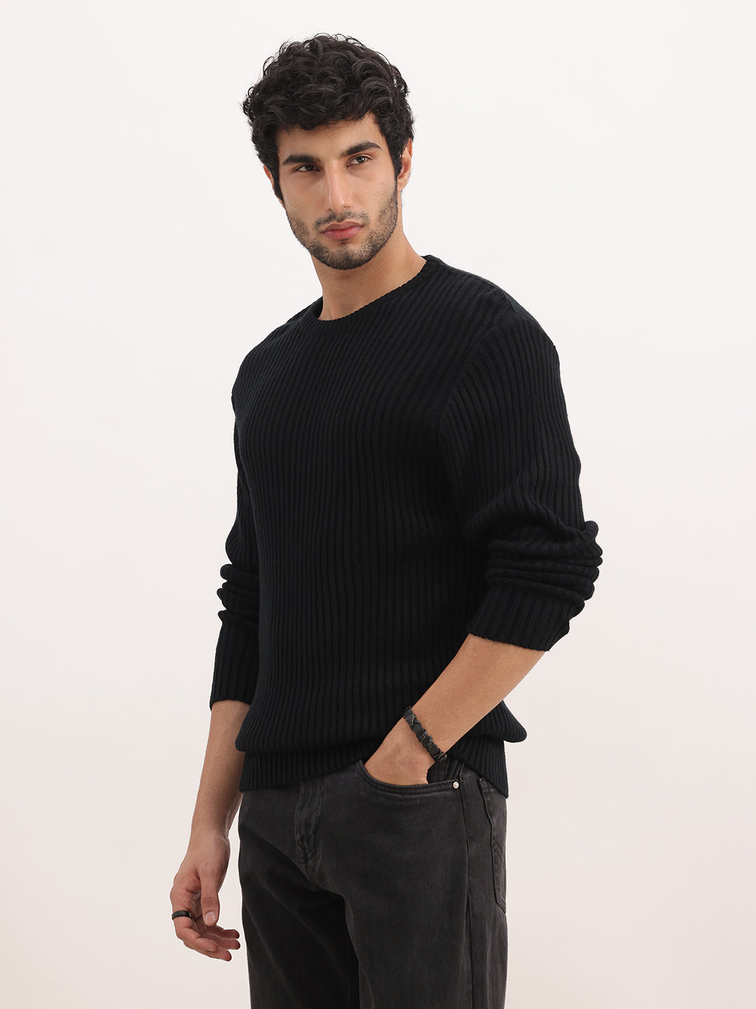 Textured Comfort Fit Knitted Sweater | Black