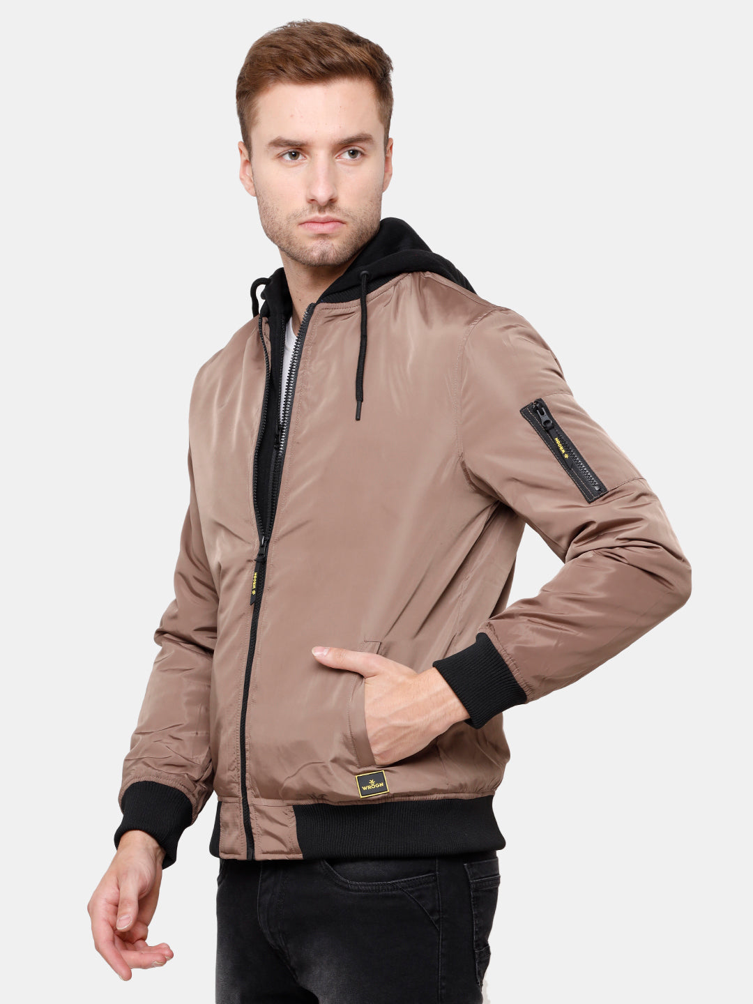 Brown Slim Fit Nylon Hooded Jacket