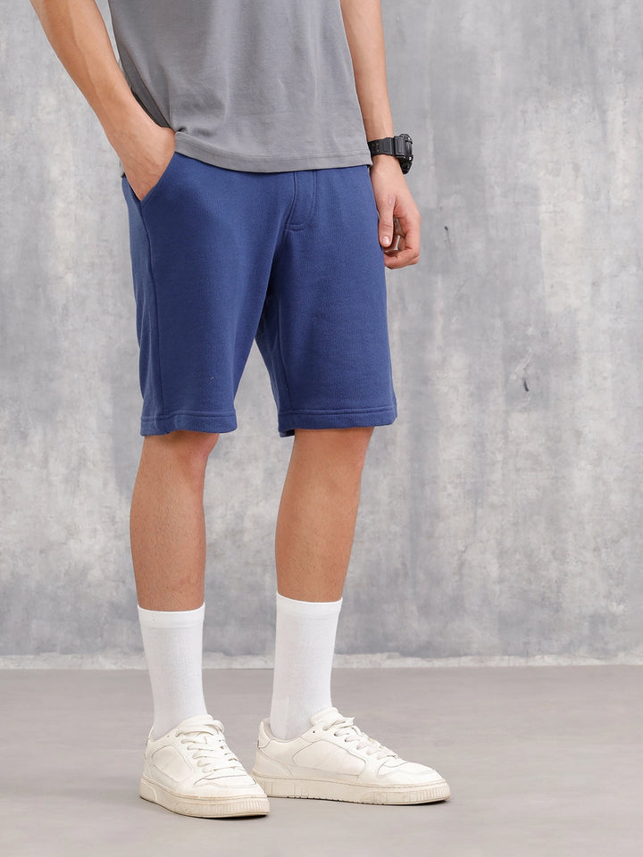 Textured Regular Fit Shorts With Logo Embroidery | Blue