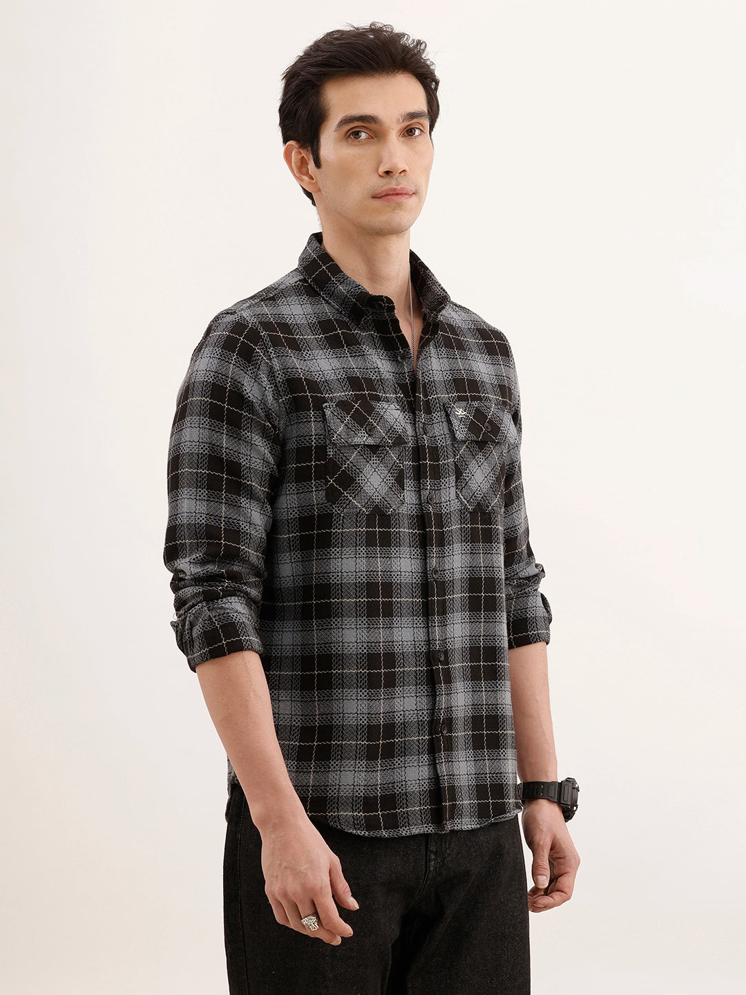 Textured Regular Fit Double Pocket Shirt | Black