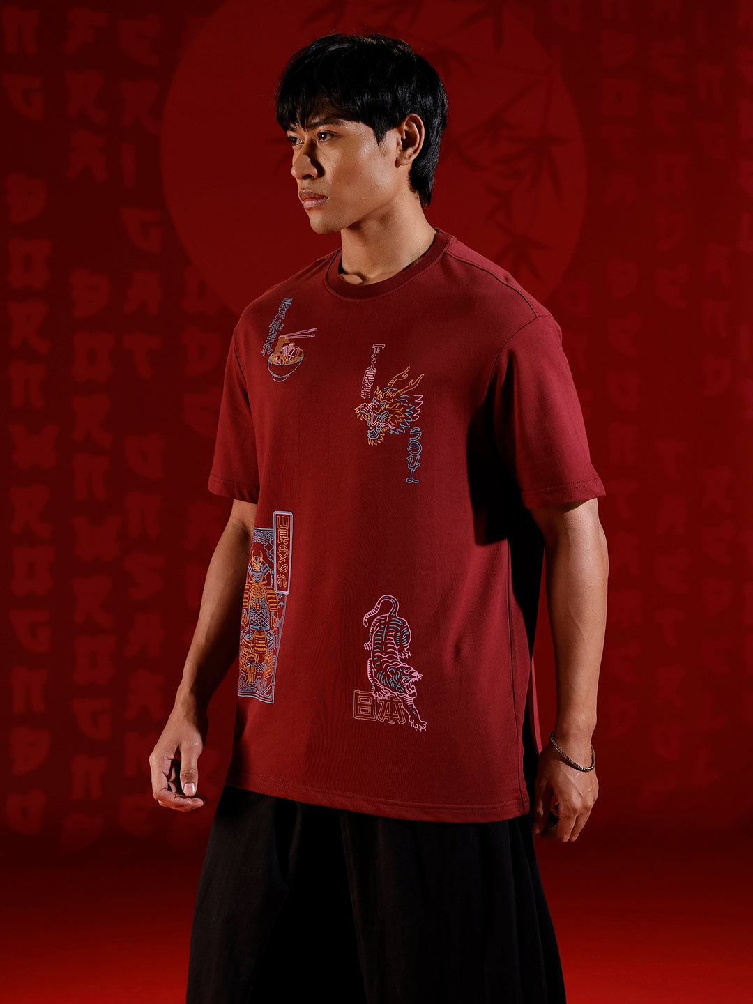 Oversize tshirt with warrior motif prints | Maroon