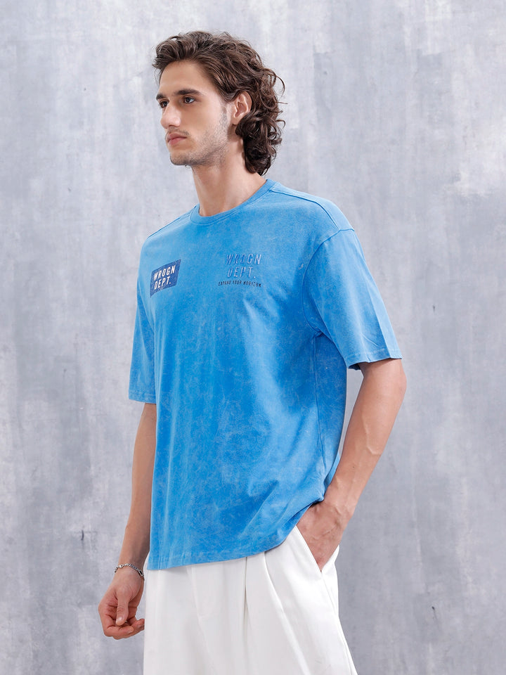 Washed Oversized Crew Neck Tshirt With Print | Blue