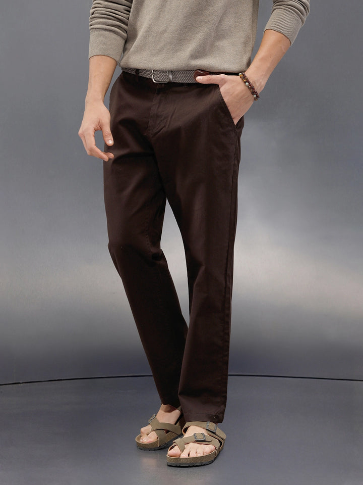 Regular Fit Solid Trousers In Premium Fabric | Dark Brown