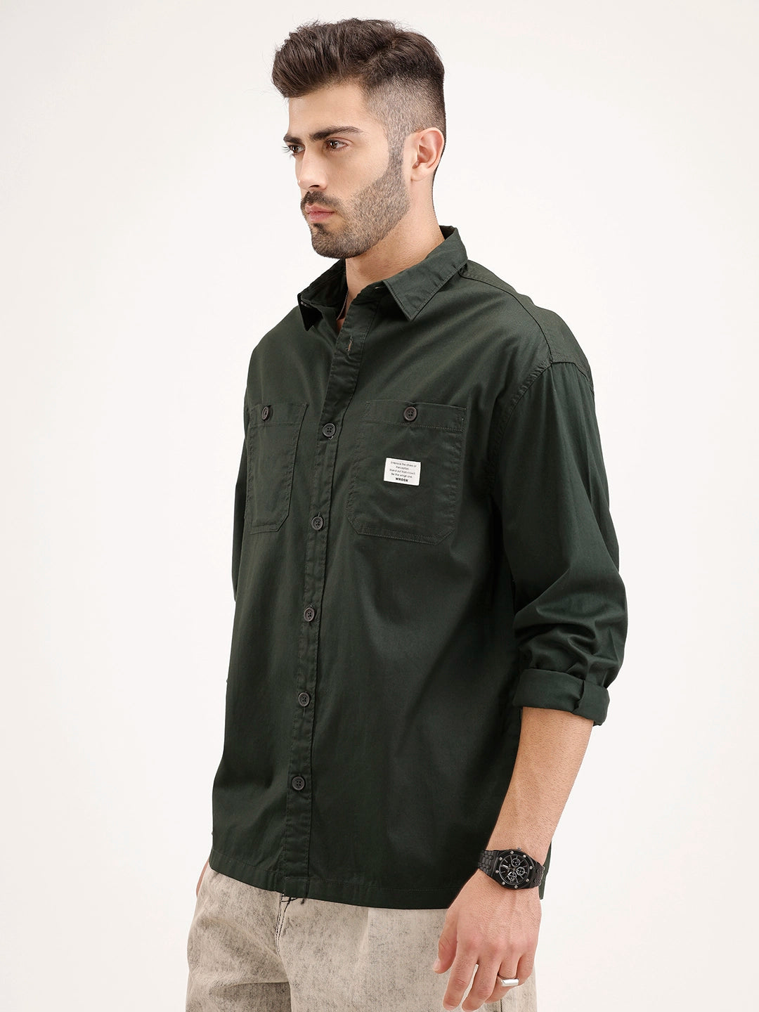 Oversized Fit Double Pocket Patch Detailed Shirt | Dark Green
