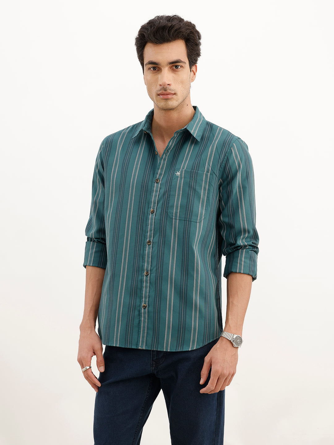 Regular Fit Full Sleeve Striped Shirt | Teal