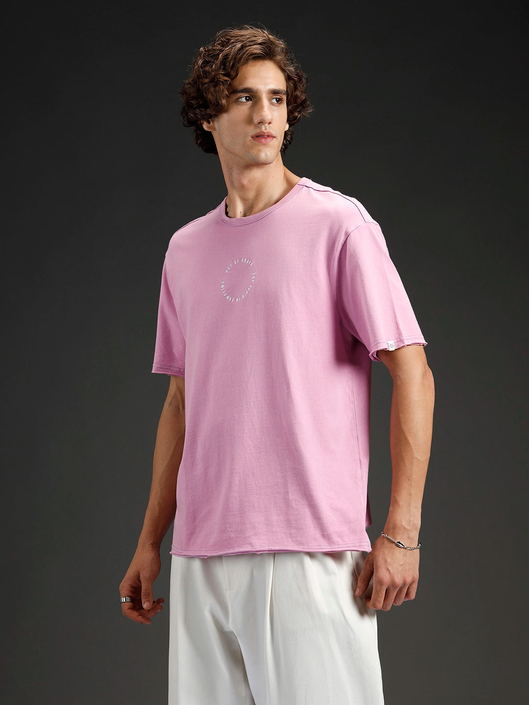 Wrogn Men's Raw Edged Oversized Graphic Tee | Purple