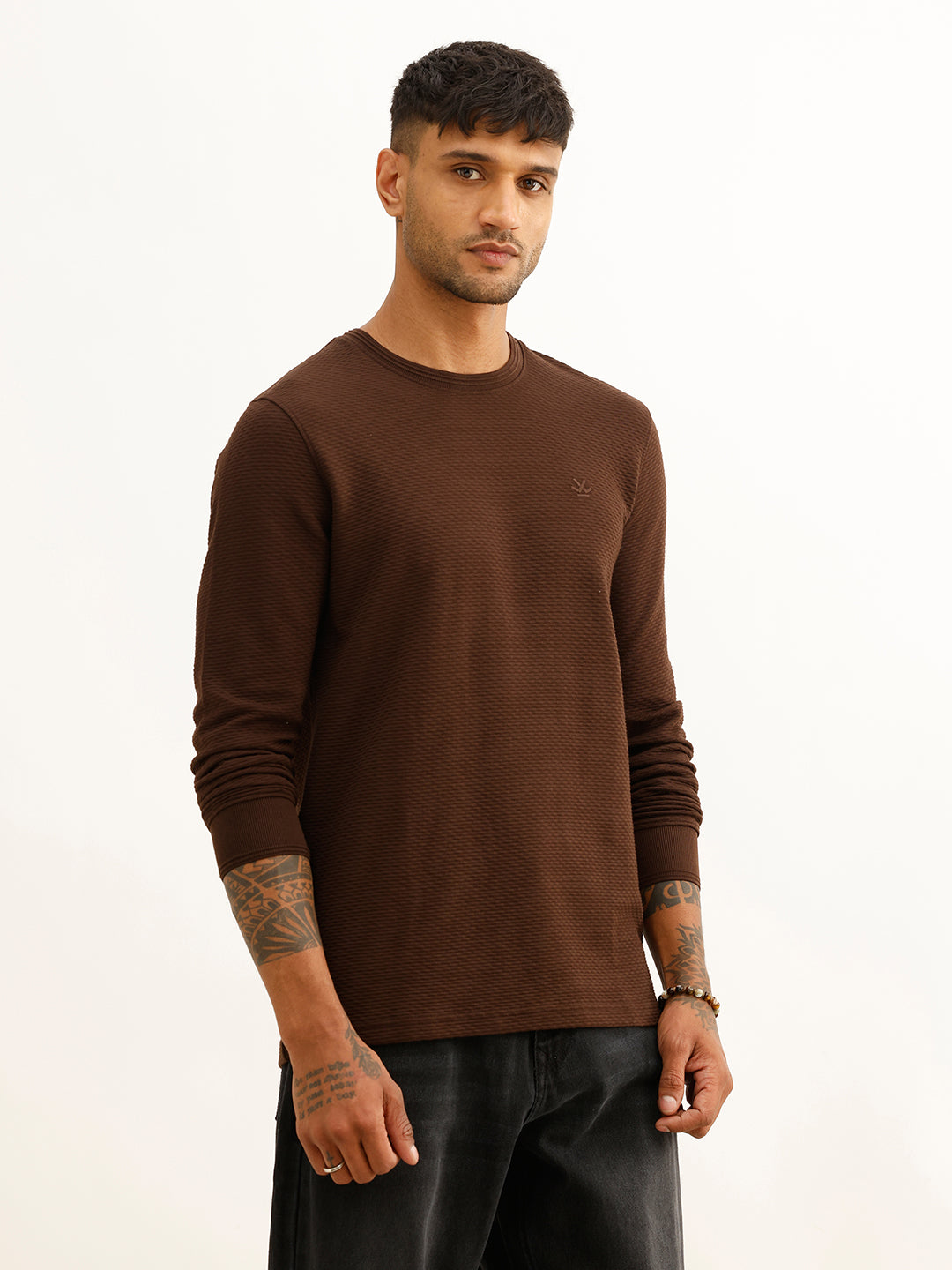 Slim Fit Textured Full Sleeve T-Shirt | Brown
