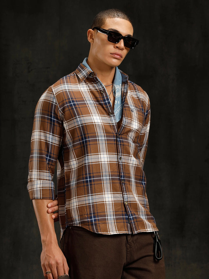 Cotton Twill Checked Shirt | Brown