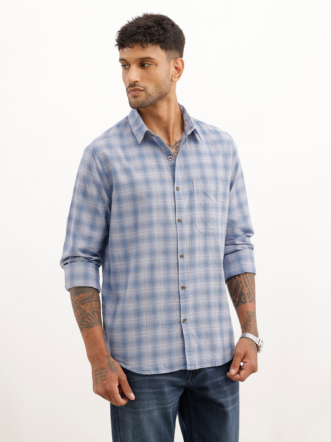Regular Fit Checkered Full Sleeve Shirt | Blue