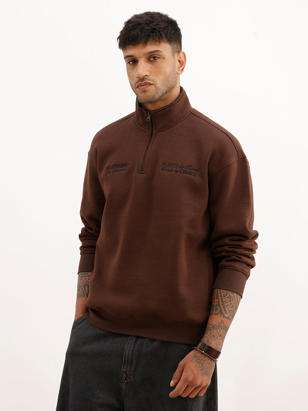 Oversized Embroidered Semi-Zipper Sweatshirt | Brown