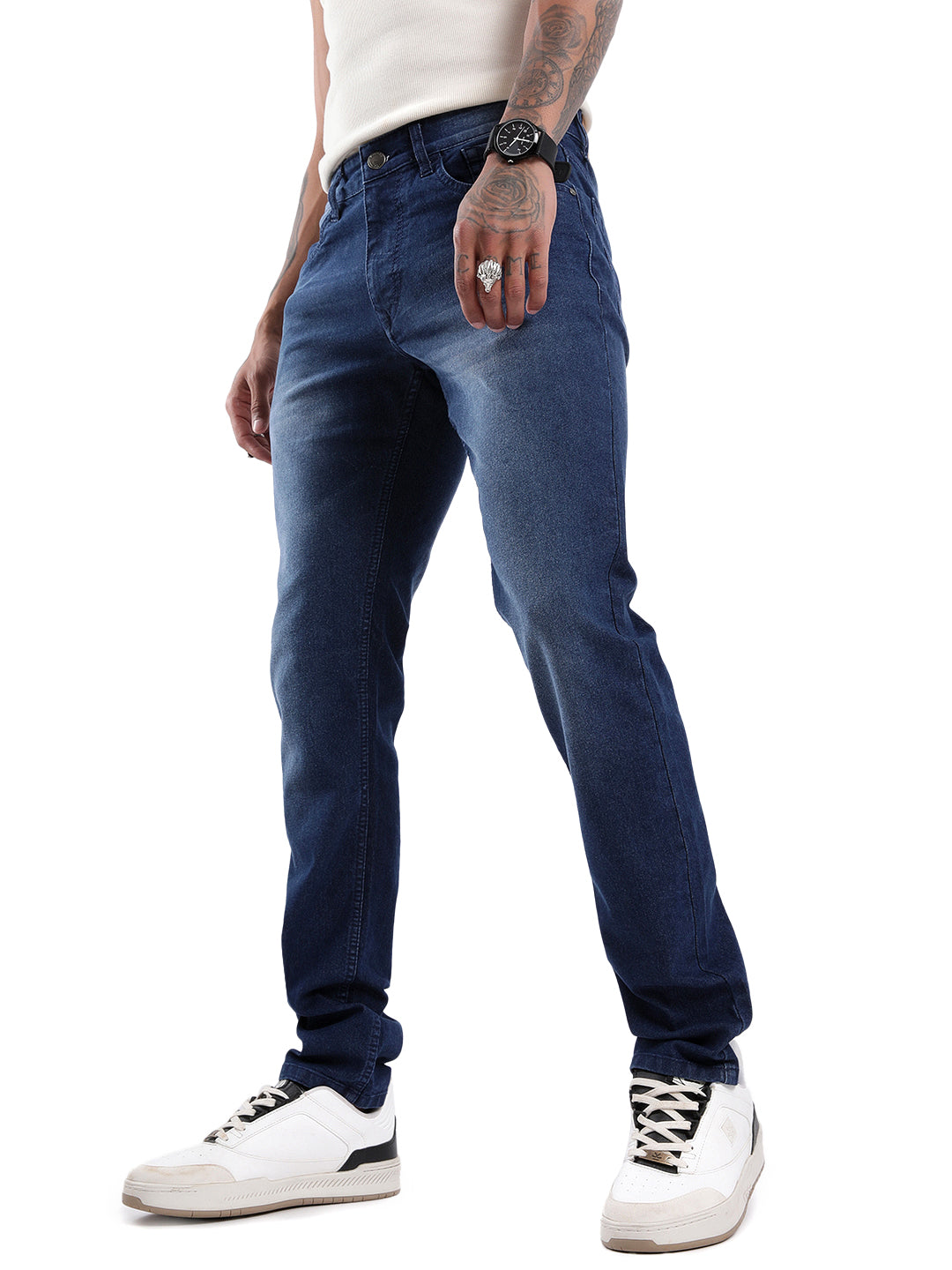 Basic Dark Blue Five Pocket Twill Jeans