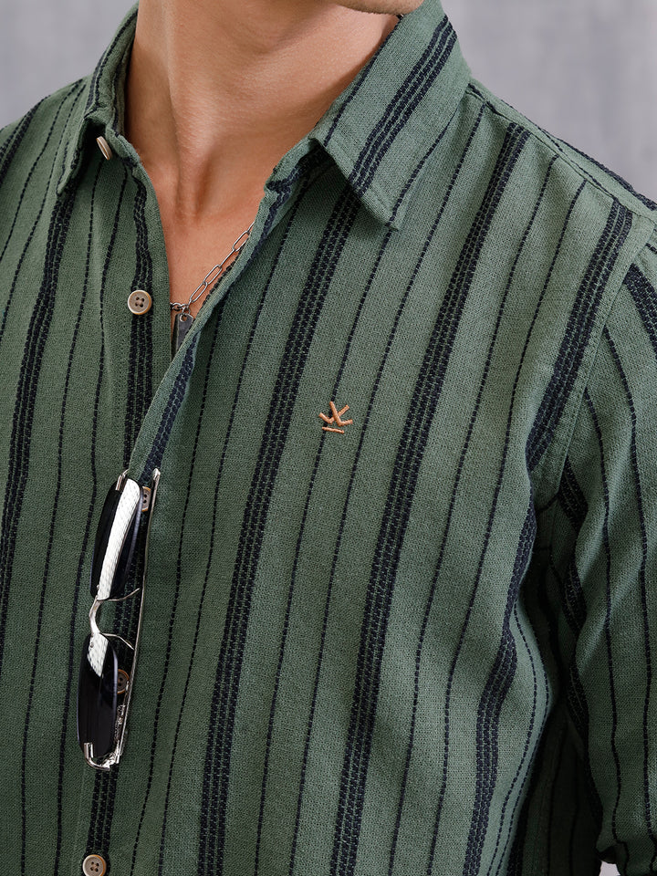 Slim Fit Stripe Shirt In Chenille Yarn | Olive
