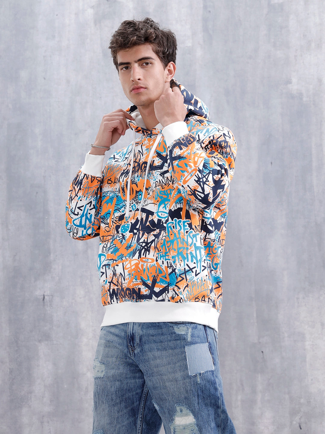 Graffiti Inspired Oversized Brushed Fleece Hoodie | Blue