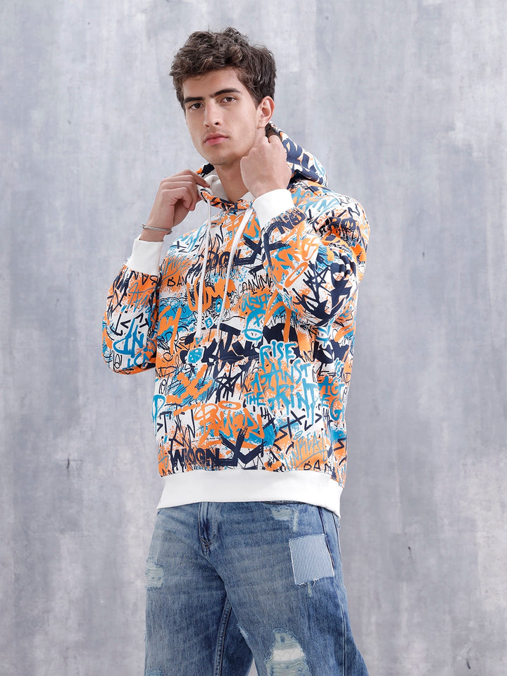 Graffiti Inspired Oversized Brushed Fleece Hoodie | Blue