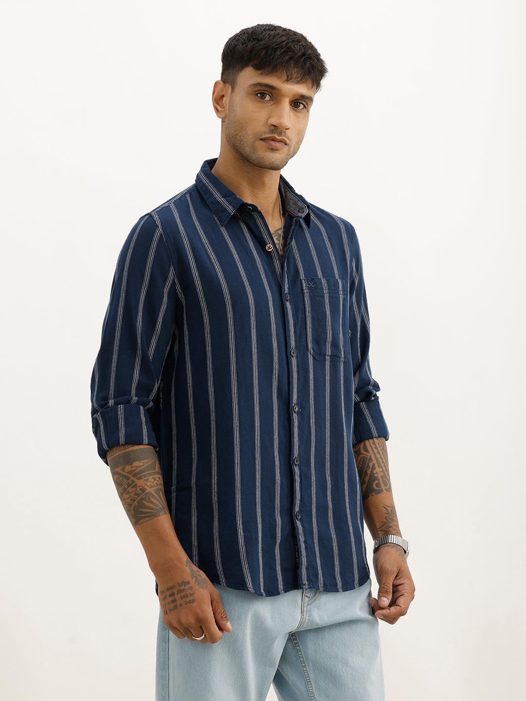 Classic Slim Fit Textured Stripe Shirt | Blue