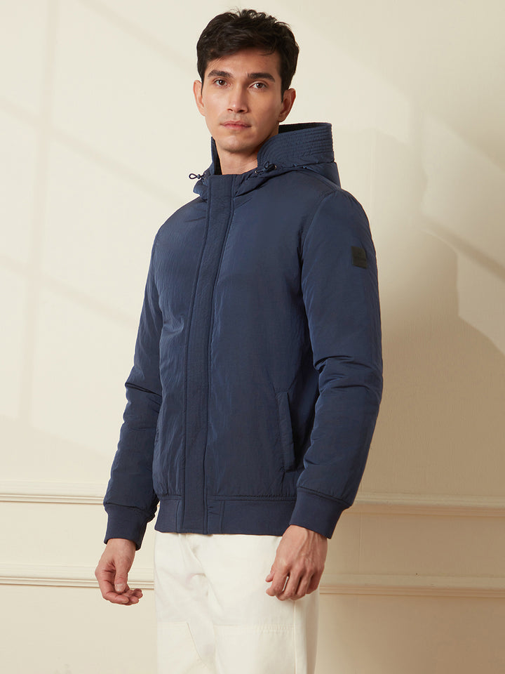 Crushed Metallic Hooded Jacket | Navy Blue