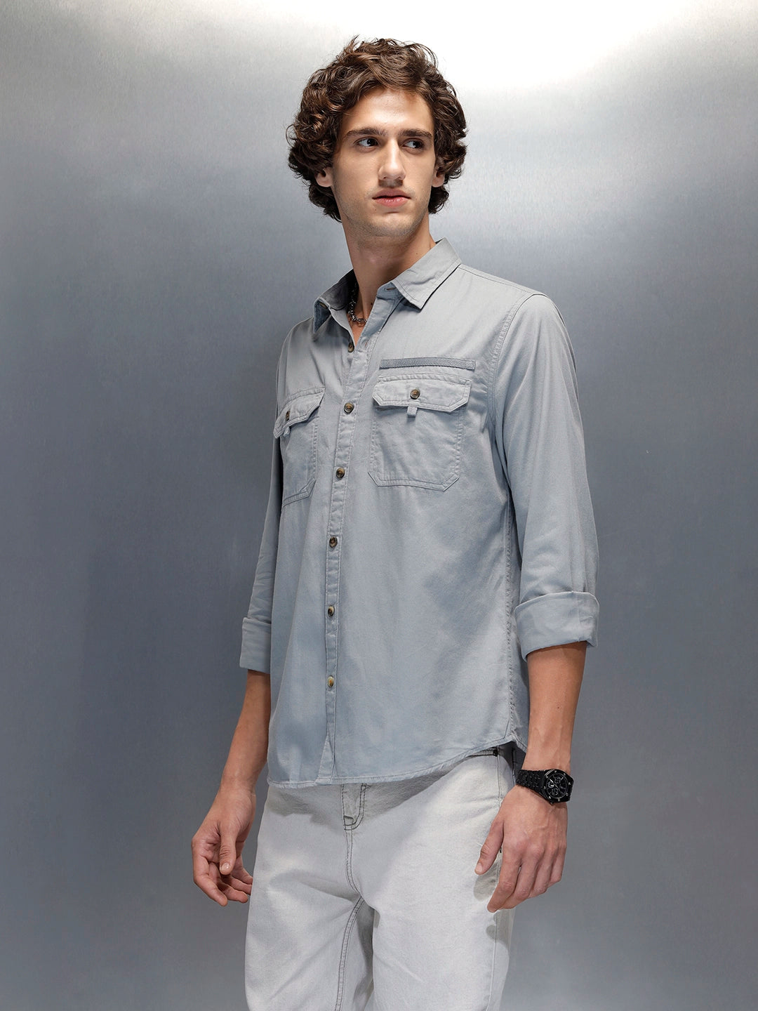 Men's casual slim fit double pocket shirt Grey – Wrogn