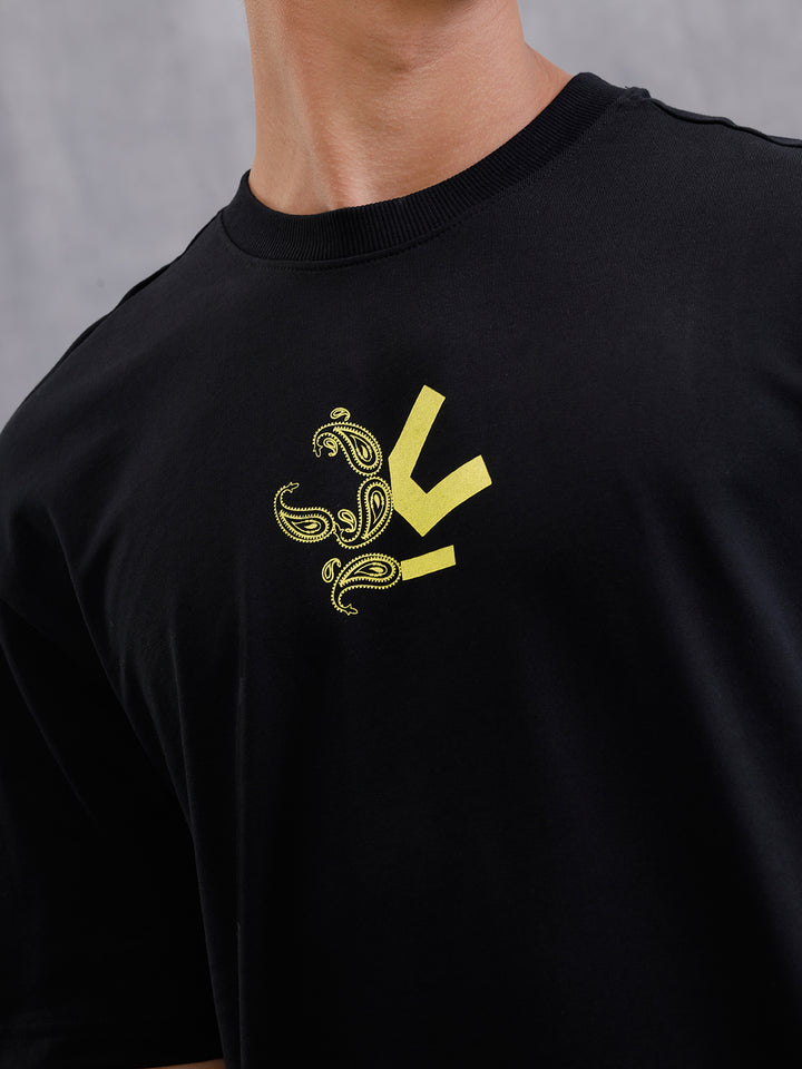Bandana Inspired Oversized Back Print Crew Neck T-Shirt | Black