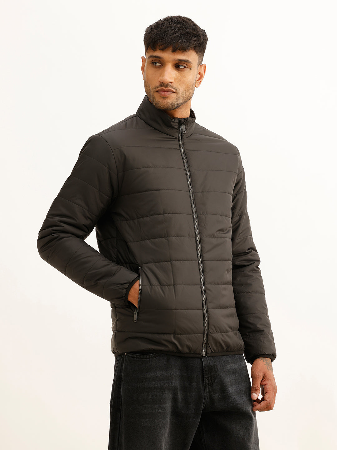 Solid Regular Fit Puffer Jacket | Black