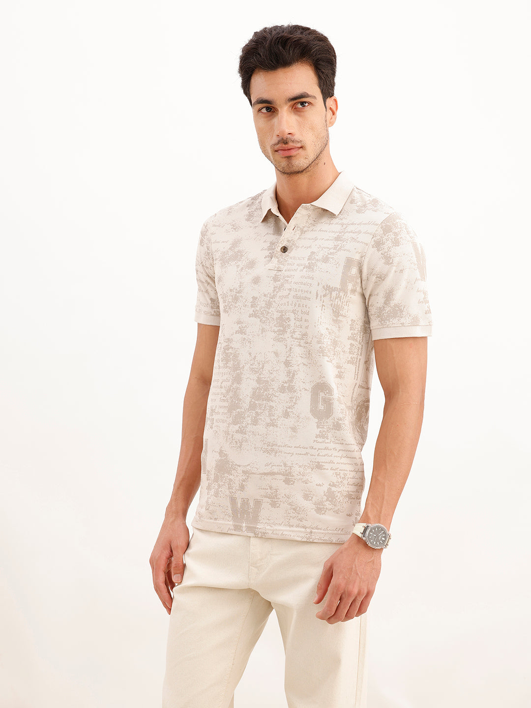 Abstract Printed Slim Fit Polo T-Shirt | Beige