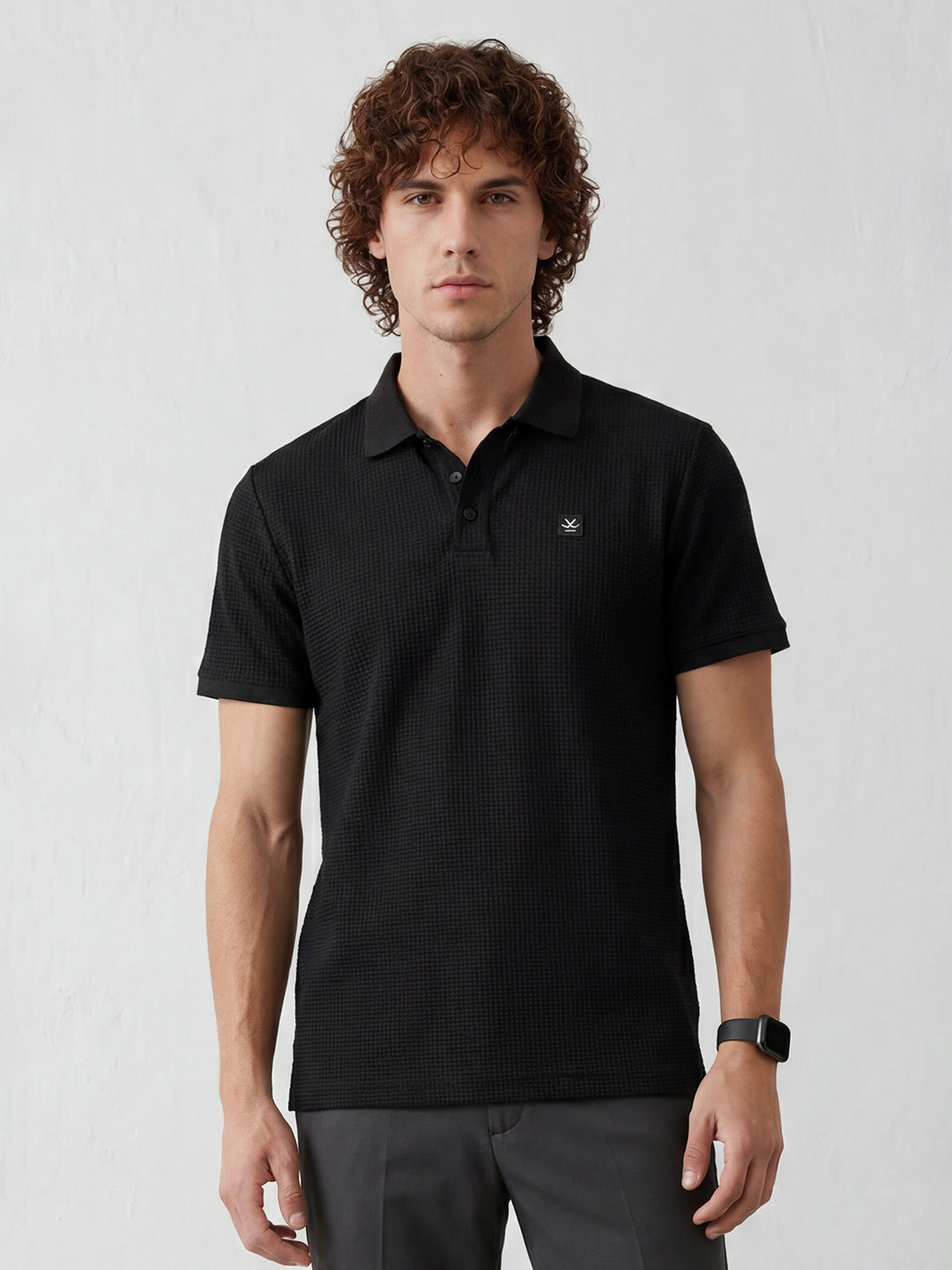Solid Textured Slim Fit Polo T-Shirt | Black