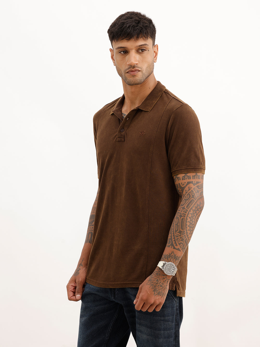 Washed Slim Fit Cut & Sew Polo T-Shirt | Brown