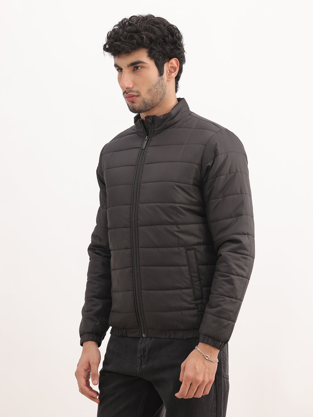 Solid Regular Fit Puffer Jacket | Black