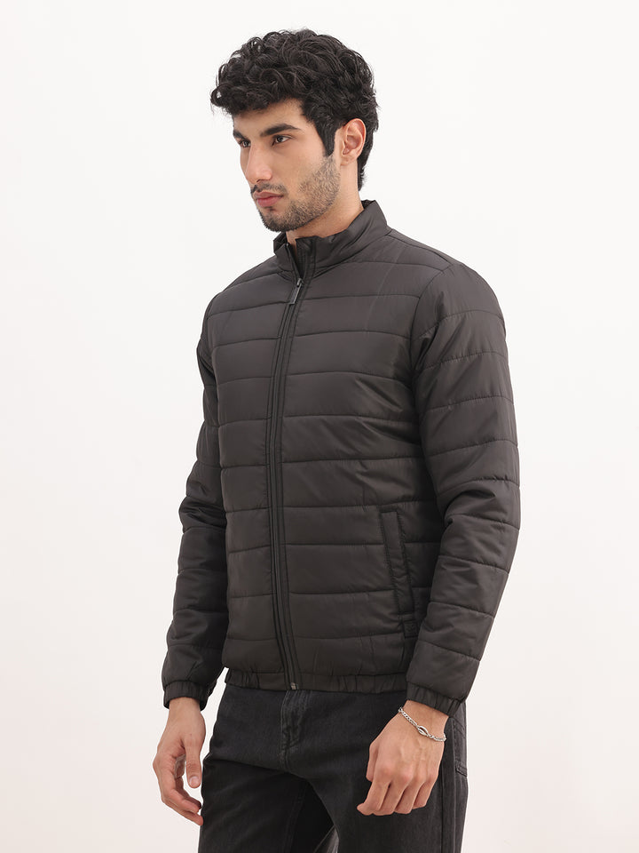 Solid Regular Fit Puffer Jacket | Black