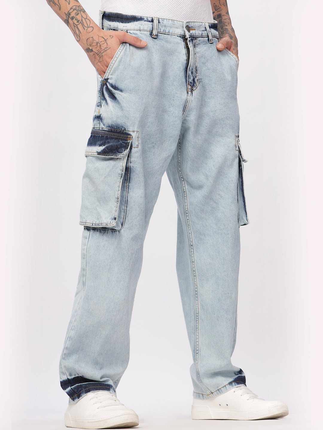 Blue Wash Loose Fit Cargo Jeans