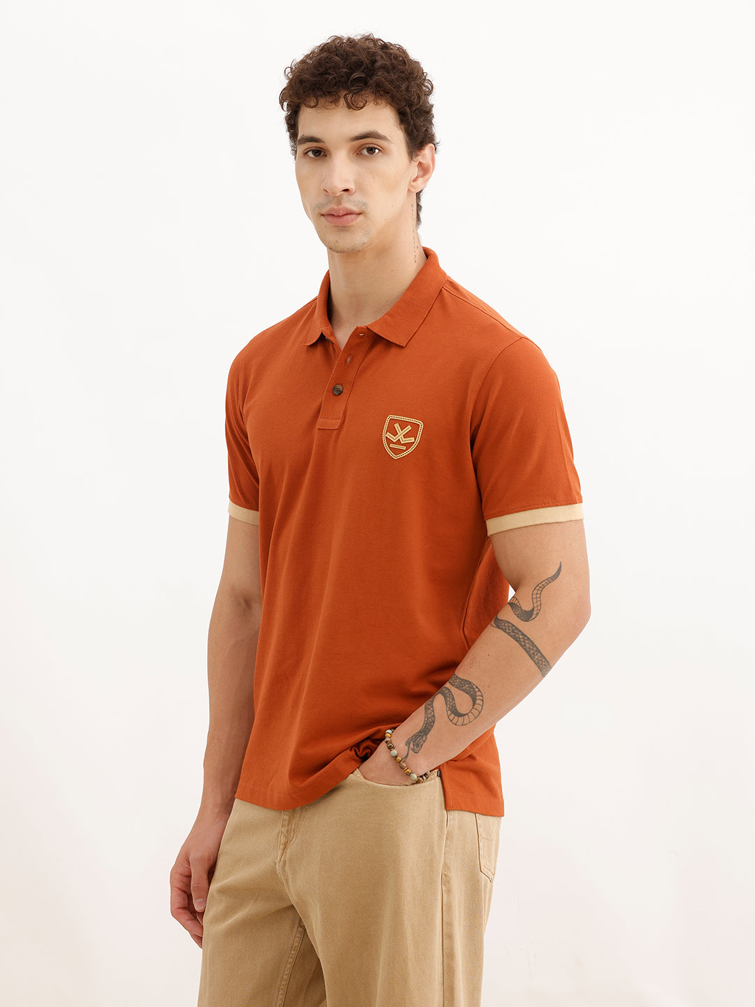 Solid Regular Fit Contrast Sleeve Polo T-Shirt | Rust