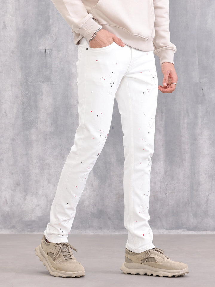 Slim Fit Paint Splash Jeans | White