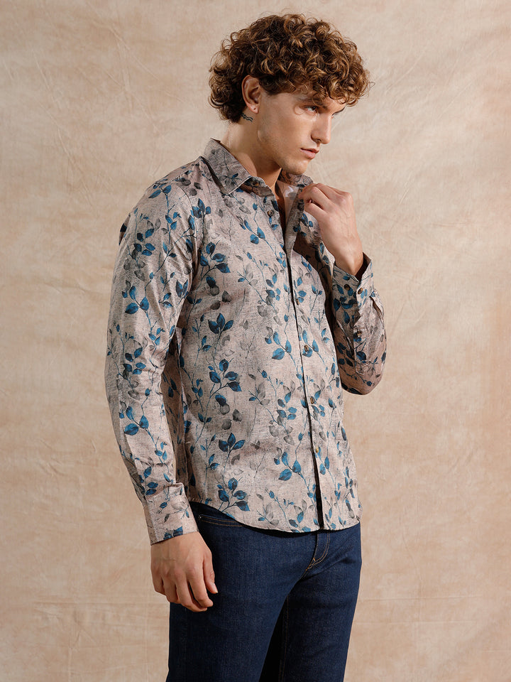Printed Satin Slim Fit Shirt | Khaki