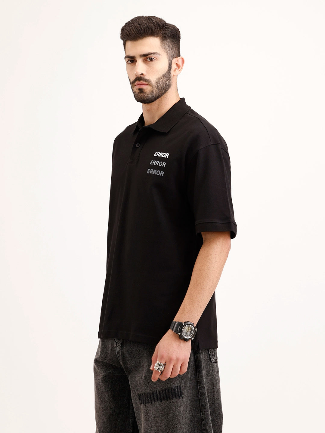 Oversized Back Printed Polo T-Shirt | Black