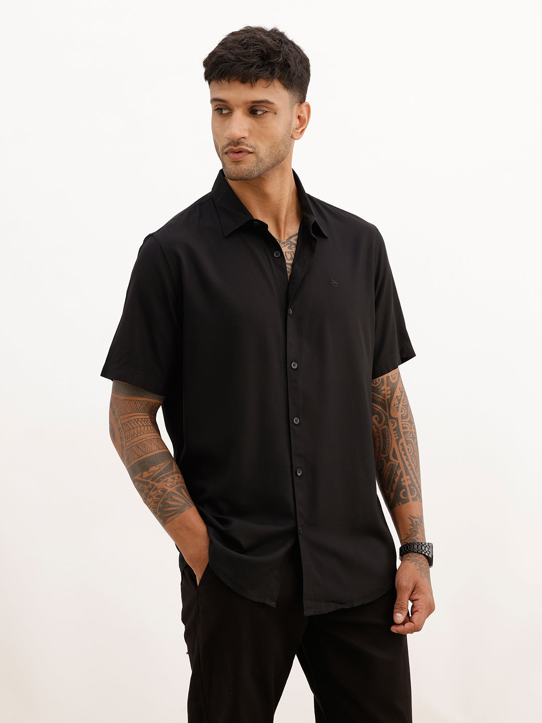 Solid Slim Fit Half Sleeve T-Shirt | Black | WSH02HSSL0003S