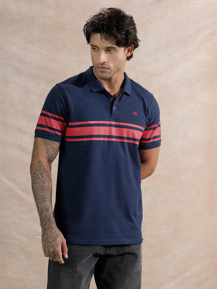 Striped Slim Fit Polo T-Shirt  | Navy Blue