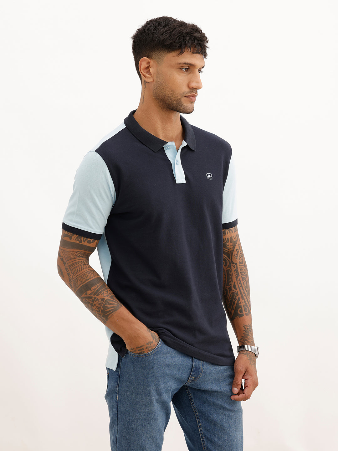 Slim Fit Panel Printed Polo T-Shirt | Navy Blue
