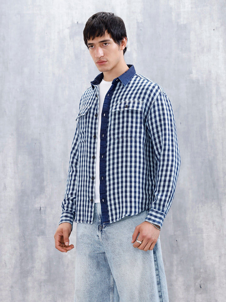 Men's Causal Oversized Fit Checkered Pattern Shirt | Blue